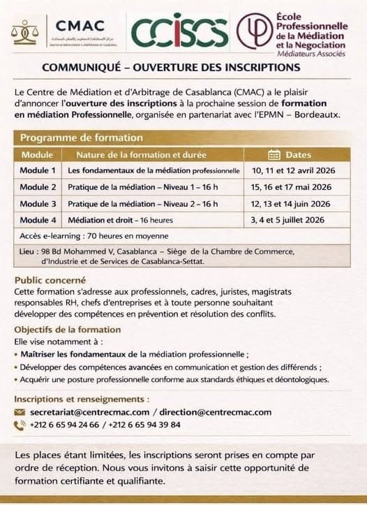 COMMUNIQUÉ – OUVERTURE DES INSCRIPTIONS FORMATION EN MEDIATION PROFESSIONNELLE